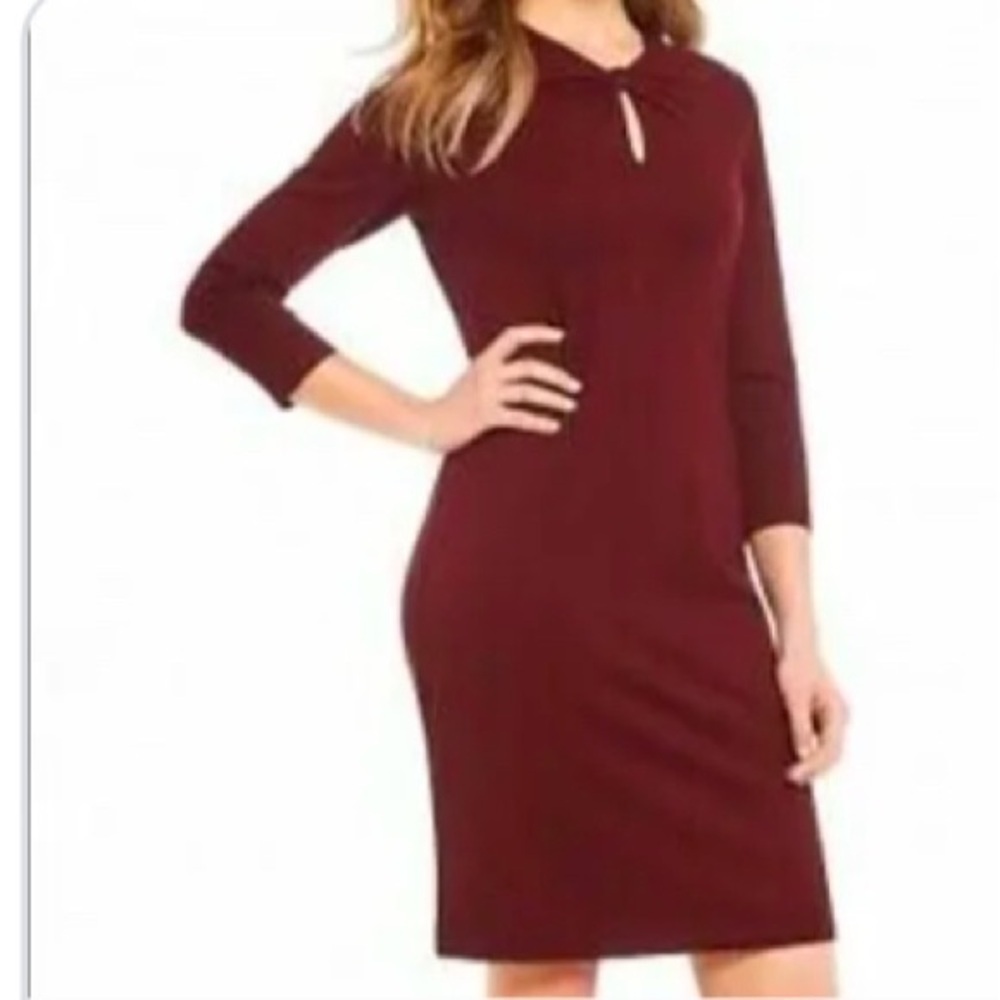 J McLaughlin Isabel 3/4 sleeve wine knot front fitted dress